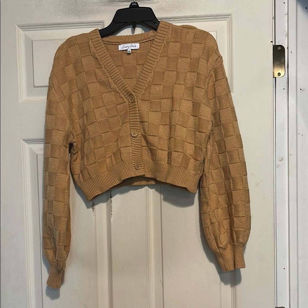 Emery Park Checkered Knit Cropped Cardigan Sweater Camel Tan Medium
